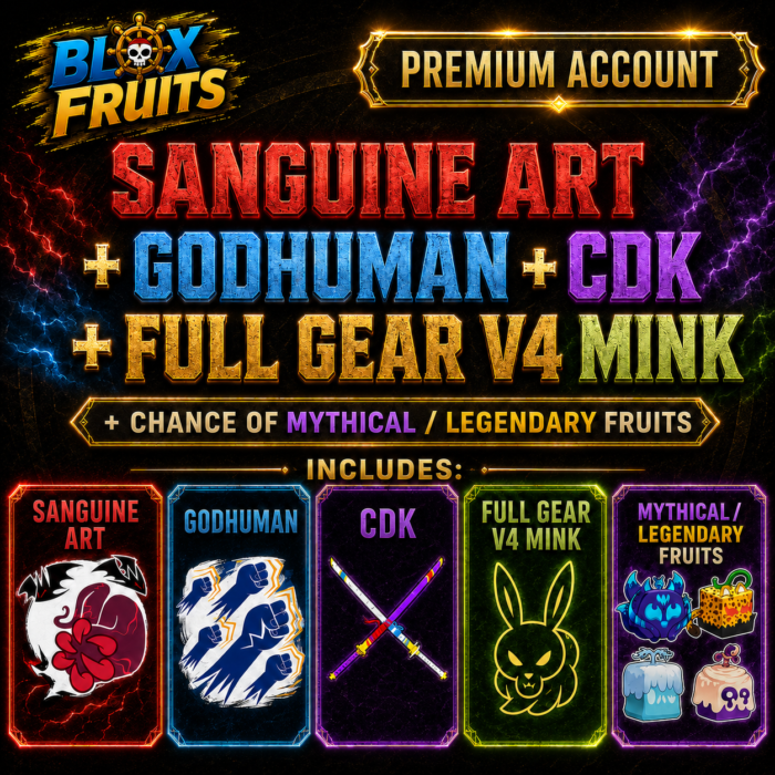 Sanguine Art + GodHuman + CDK + Full Gear V4 Mink + Chance of Mythical/Legendary Fruits